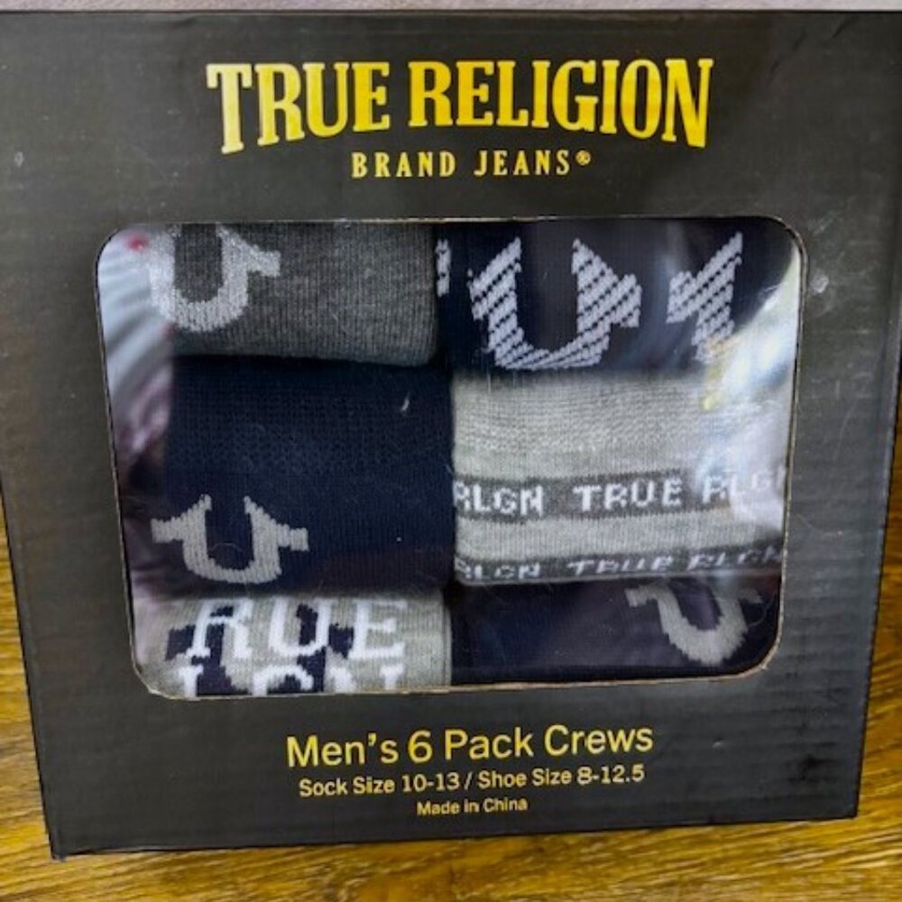 True Religion 6-pack crew socks New in Box Men's Size 10-13